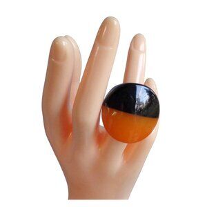 Vtg Marion Godart Orange Black Resin Ring Chunky Round Circle Statement Sz 6.75